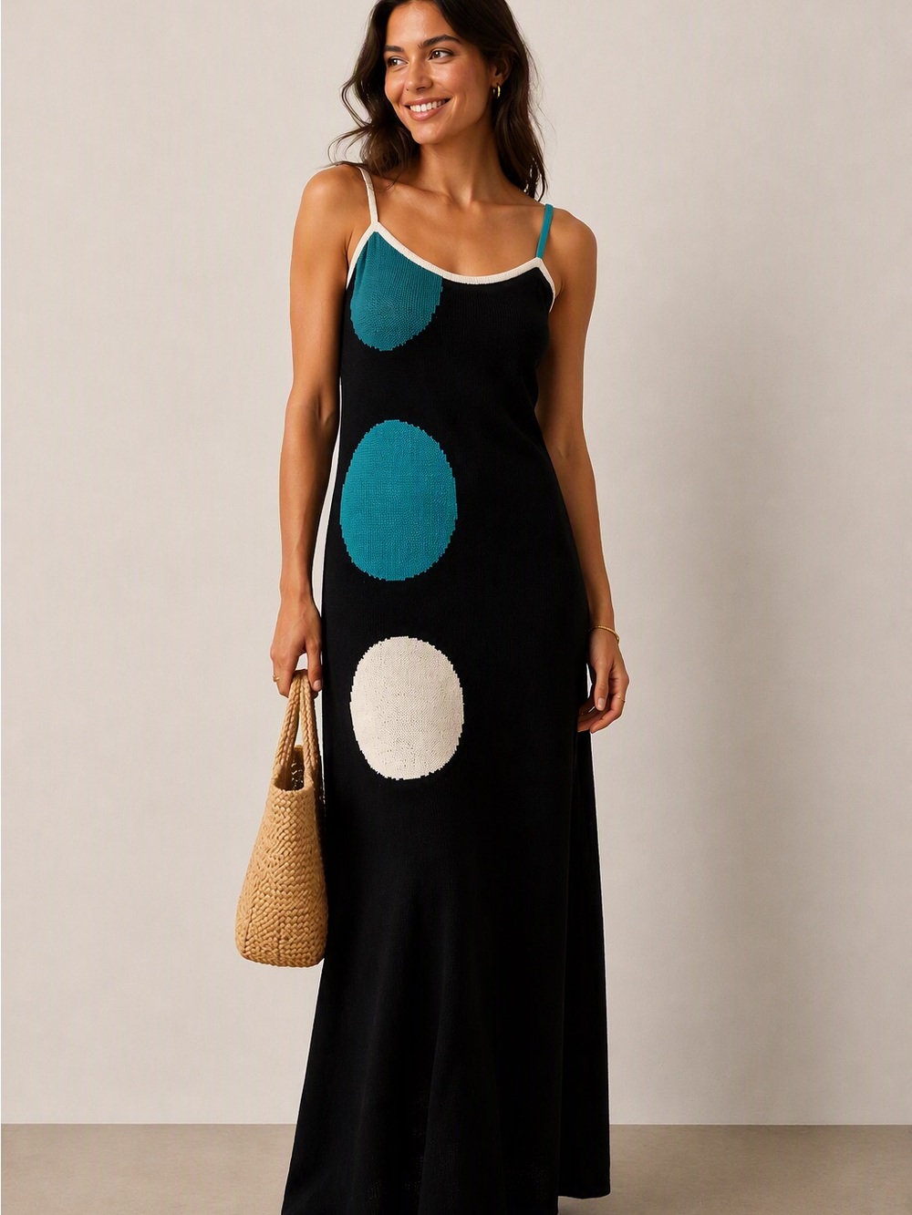 Trendy Black knit maxi Dress with Teal and Cream Dot Details